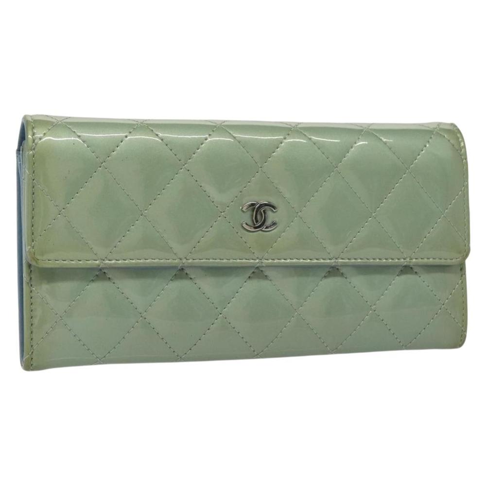 CHANEL Matelasse Long Wallet Enamel Green Silver CC Auth 138942 - Picture 1 of 16